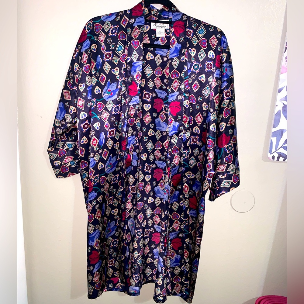 Vintage J.O. Intimates dark blue robe print no outer belt silk FEEL size M/L